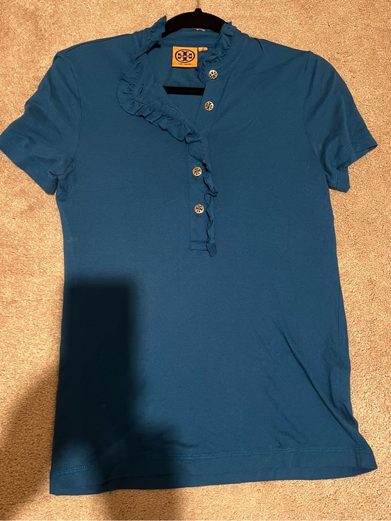 Tory Burch Tops - Tory Burch Teal Ruffle-Trim Short Sleeve Polo